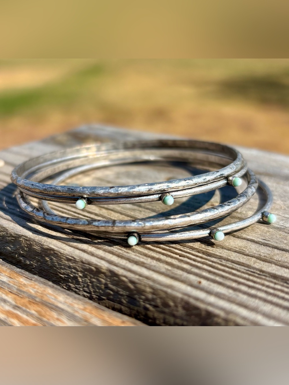 Silver Multi-Bangle Bracelet with Mint Bead Accents